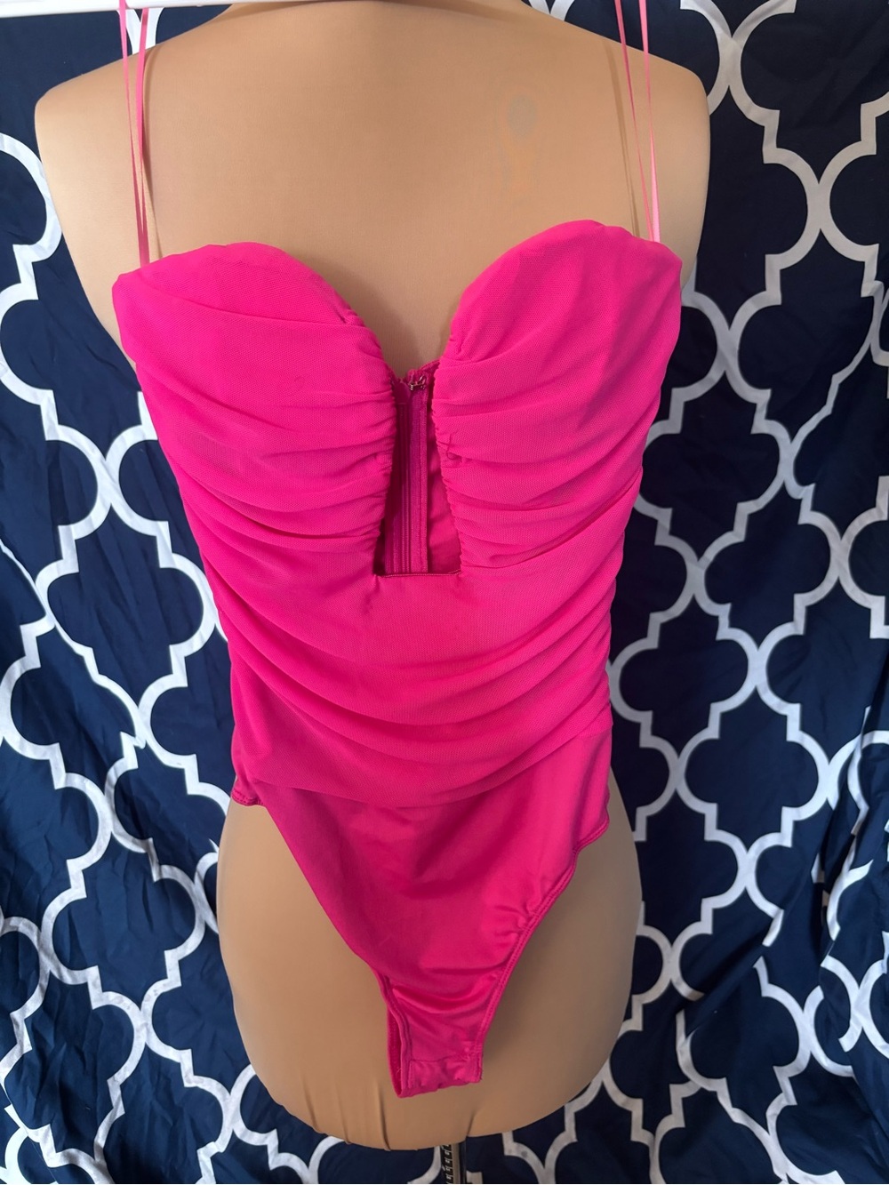 Fashion Nova Hot Pink Ruched One-Piece Swimsuit with Keyhole Front